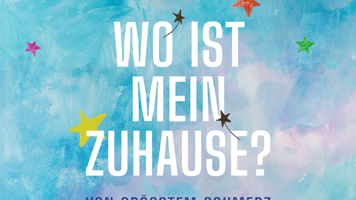 türkisfarbener Hintergrund bunte Sterne und Pusteblume Schrift weiß