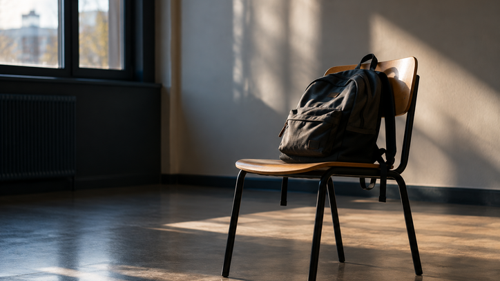 Rucksack auf einem Stuhl im leeren Raum