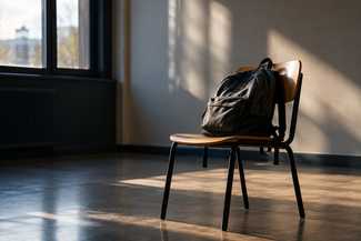 Rucksack auf einem Stuhl im leeren Raum