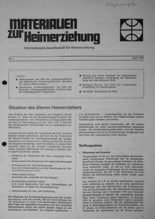 Erste Seite der Materialen zur Heimerziehung mit Text in Schwarz-Weiß