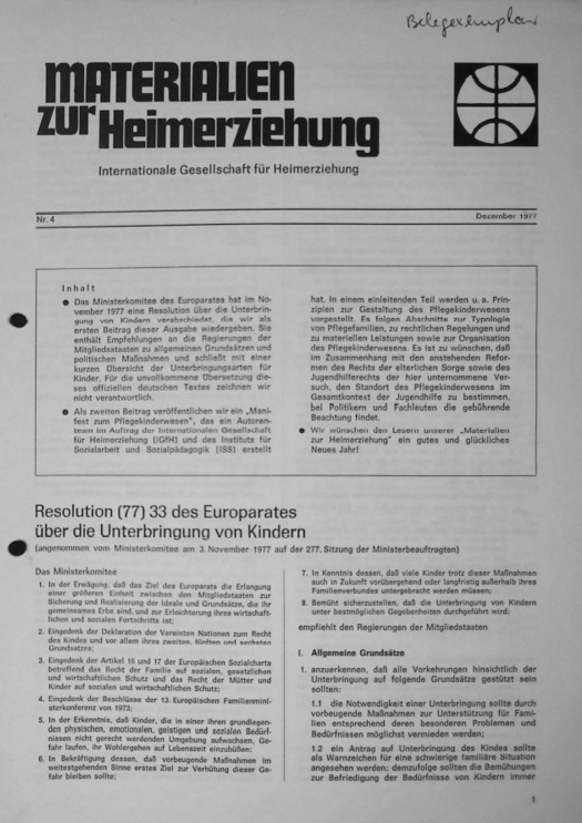 Erste Seite der Materialen zur Heimerziehung mit Text in Schwarz-Weiß