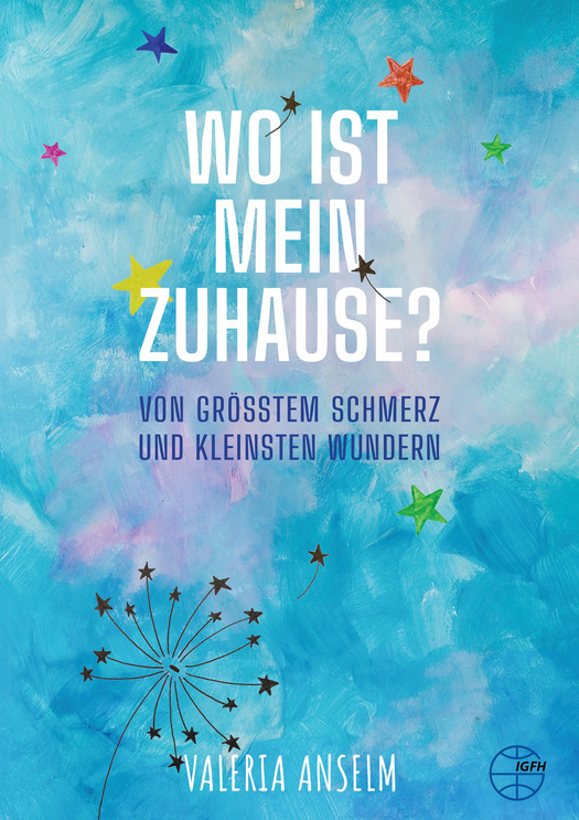 türkisfarbener Hintergrund bunte Sterne und Pusteblume Schrift weiß