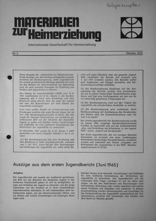 Erste Seite der Materialen zur Heimerziehung mit Text in Schwarz-Weiß