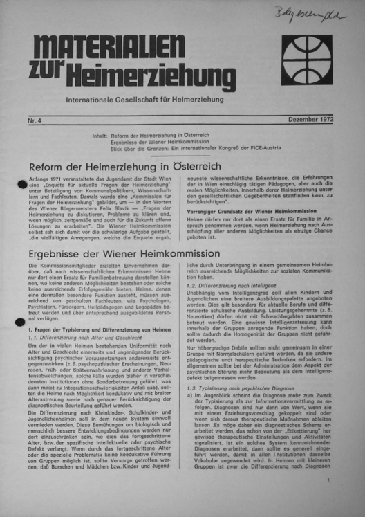 Erste Seite der Materialen zur Heimerziehung mit Text in Schwarz-Weiß