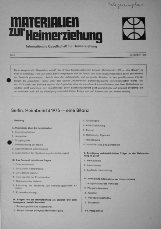 Erste Seite der Materialen zur Heimerziehung mit Text in Schwarz-Weiß
