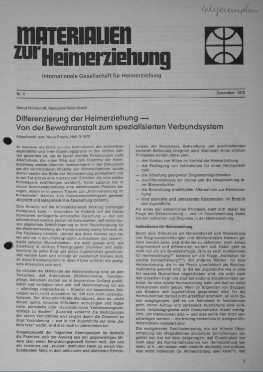 Erste Seite der Materialen zur Heimerziehung mit Text in Schwarz-Weiß