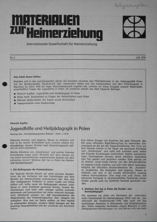 Erste Seite der Materialen zur Heimerziehung mit Text in Schwarz-Weiß