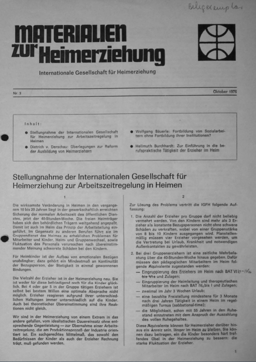 Erste Seite der Materialen zur Heimerziehung mit Text in Schwarz-Weiß