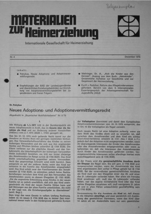 Erste Seite der Materialen zur Heimerziehung mit Text in Schwarz-Weiß