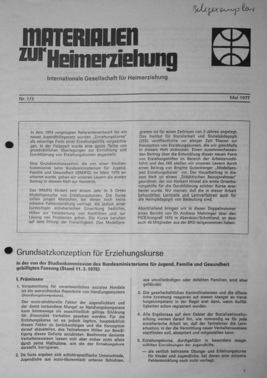 Erste Seite der Materialen zur Heimerziehung mit Text in Schwarz-Weiß