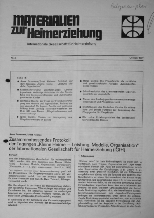 Erste Seite der Materialen zur Heimerziehung mit Text in Schwarz-Weiß