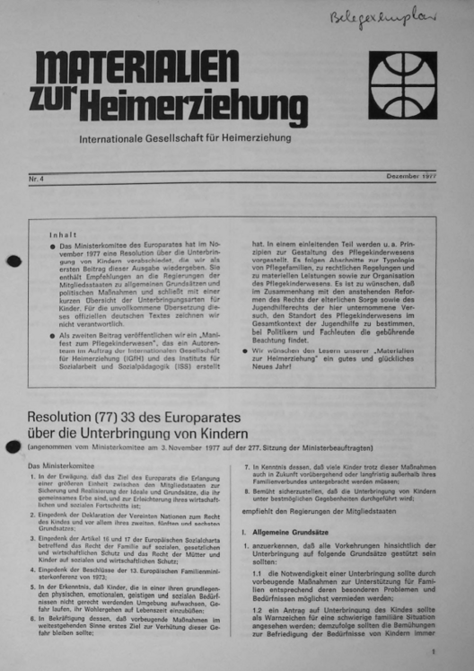 Erste Seite der Materialen zur Heimerziehung mit Text in Schwarz-Weiß