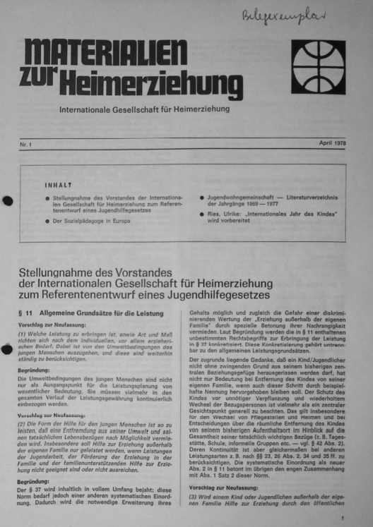 Erste Seite der Materialen zur Heimerziehung mit Text in Schwarz-Weiß