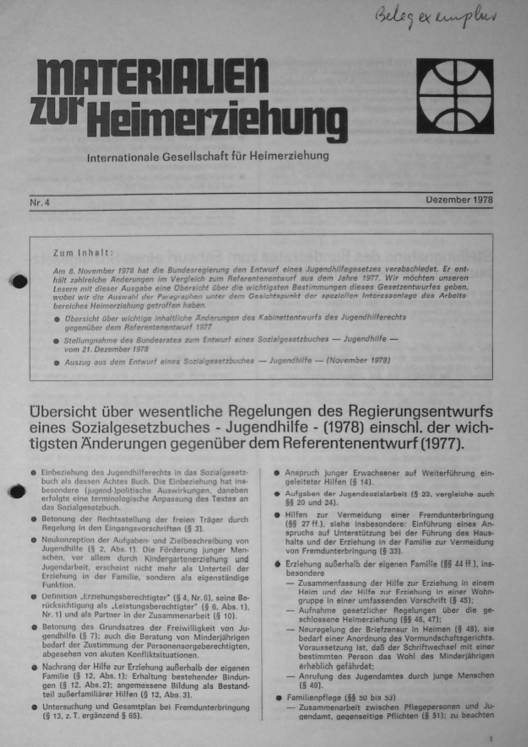 Erste Seite der Materialen zur Heimerziehung mit Text in Schwarz-Weiß