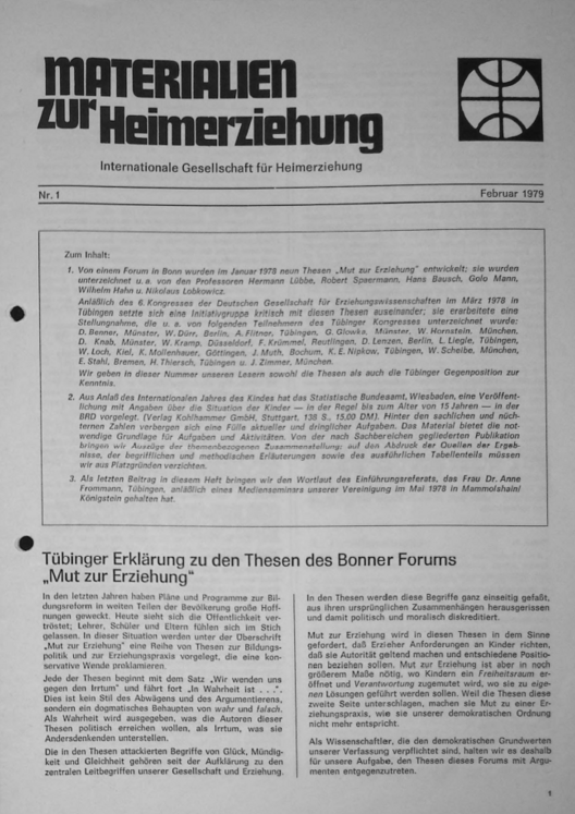 Erste Seite der Materialen zur Heimerziehung mit Text in Schwarz-Weiß