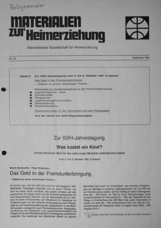 Erste Seite der Materialen zur Heimerziehung mit Text in Schwarz-Weiß